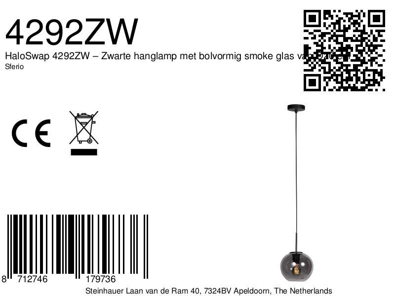 Sferio 4292ZW – Zwarte hanglamp met bolvormig gerookt glas van Ø 20 cm