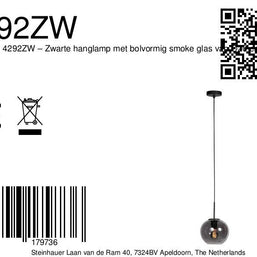 Sferio 4292ZW – Zwarte hanglamp met bolvormig gerookt glas van Ø 20 cm