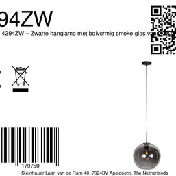 Sferio 4294ZW hanglamp met bolvormig smoke glas van Ø25 cm