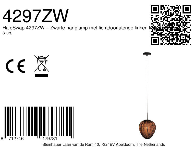 Hanglamp Silura 4297ZW 1-lichts met zwart linnen kapje