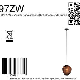 Hanglamp Silura 4297ZW 1-lichts met zwart linnen kapje
