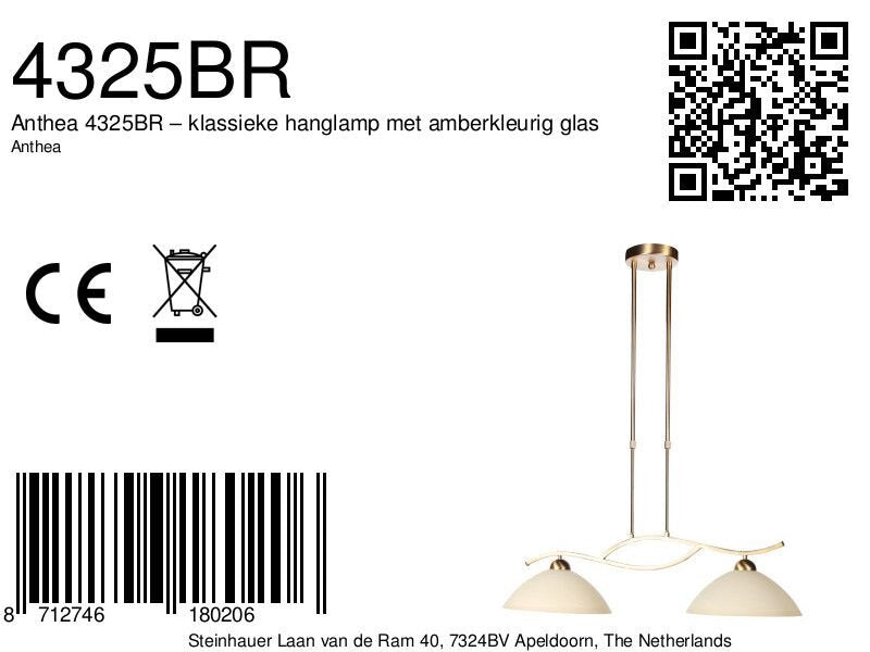 Anthea 4325BR – klassieke hanglamp met amberkleurig glas