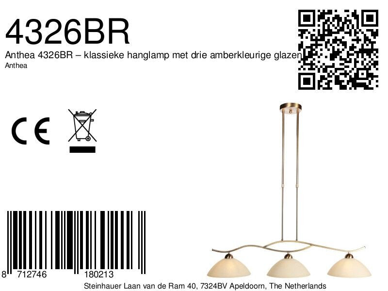 Anthea 4326BR – klassieke hanglamp met drie amberkleurige glazen
