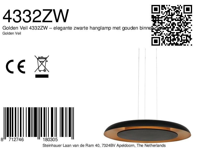 Golden Veil 4332ZW – elegante zwarte hanglamp met gouden binnenzijde