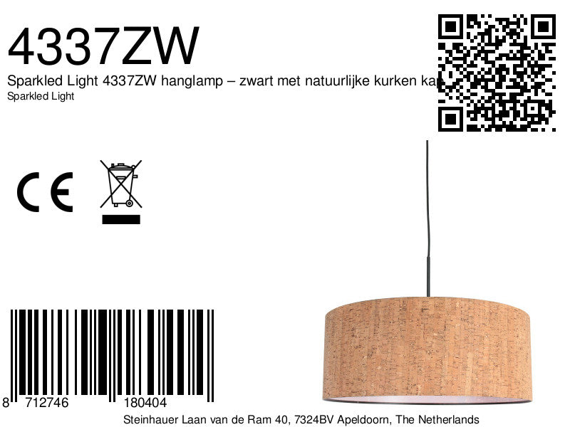 Hanglamp Sparkled Light 4337ZW zwart met beige kap in kurkstructuur
