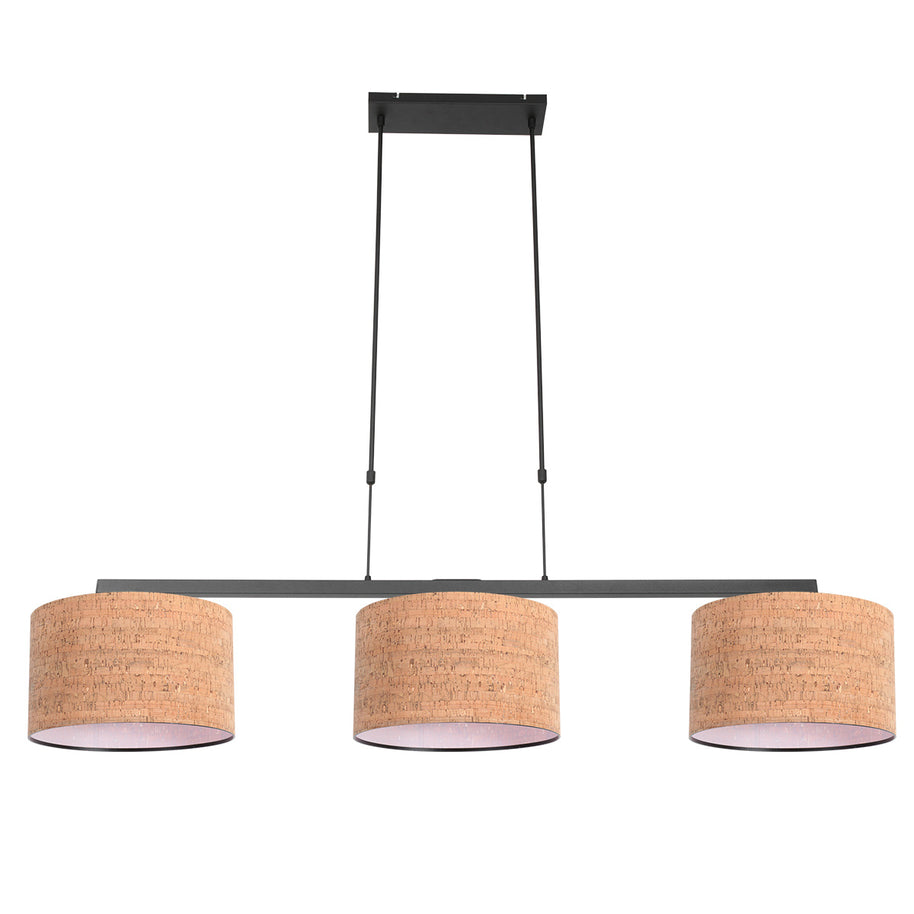 Zwarte 3-lichts hanglamp Stang 4363ZW met beige kappen in kurkstructuur