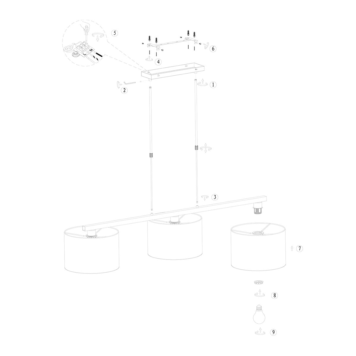 Zwarte 3-lichts hanglamp Stang 4363ZW met beige kappen in kurkstructuur