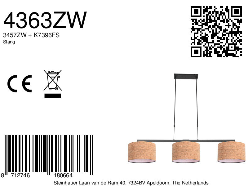 Zwarte 3-lichts hanglamp Stang 4363ZW met beige kappen in kurkstructuur