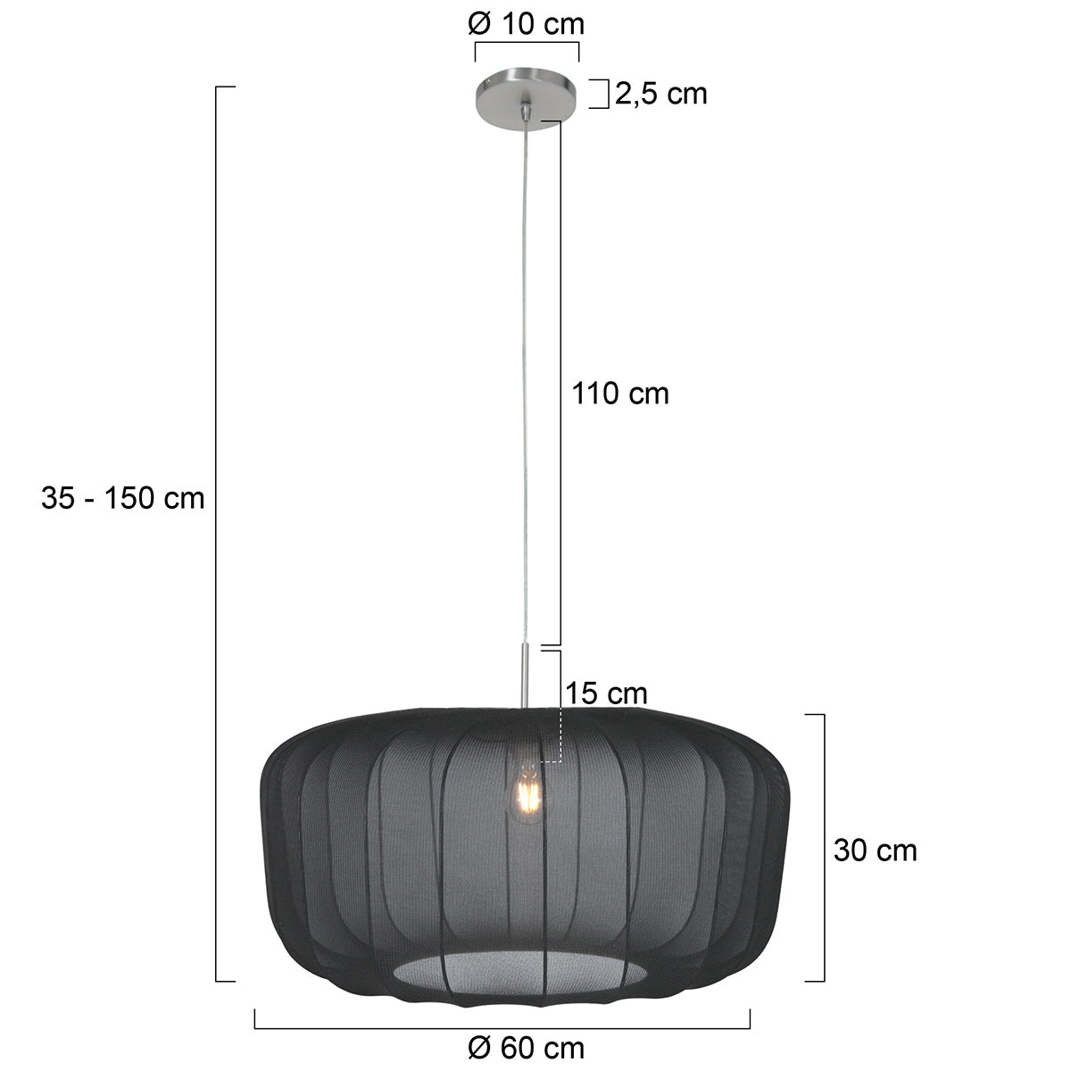 Hanglamp Vela Lino 4473ST staal met zwarte textielkap Ø60 cm