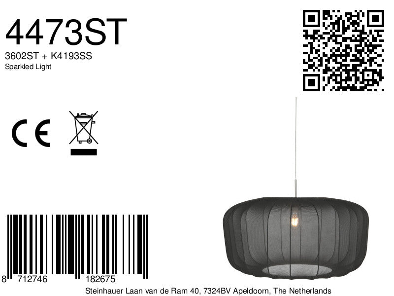 Hanglamp Vela Lino 4473ST staal met zwarte textielkap Ø60 cm