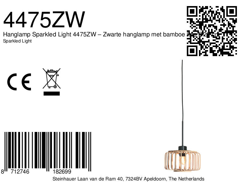 Hanglamp Breeza-Beach 4475ZW zwart met bamboe kap Ø20 cm