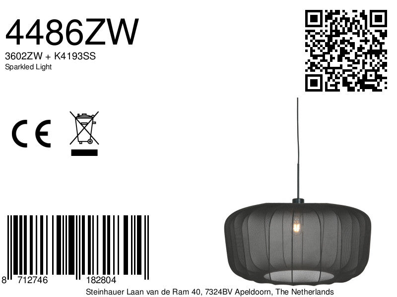 Hanglamp Vela Lino 4486ZW zwart met zwarte textielkap Ø60 cm