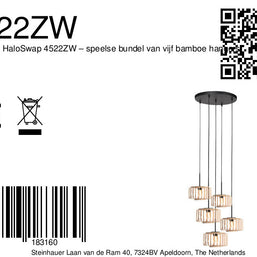 Hanglamp Breeza-Beach 4522ZW zwart met 5 bamboe kappen Ø20 cm
