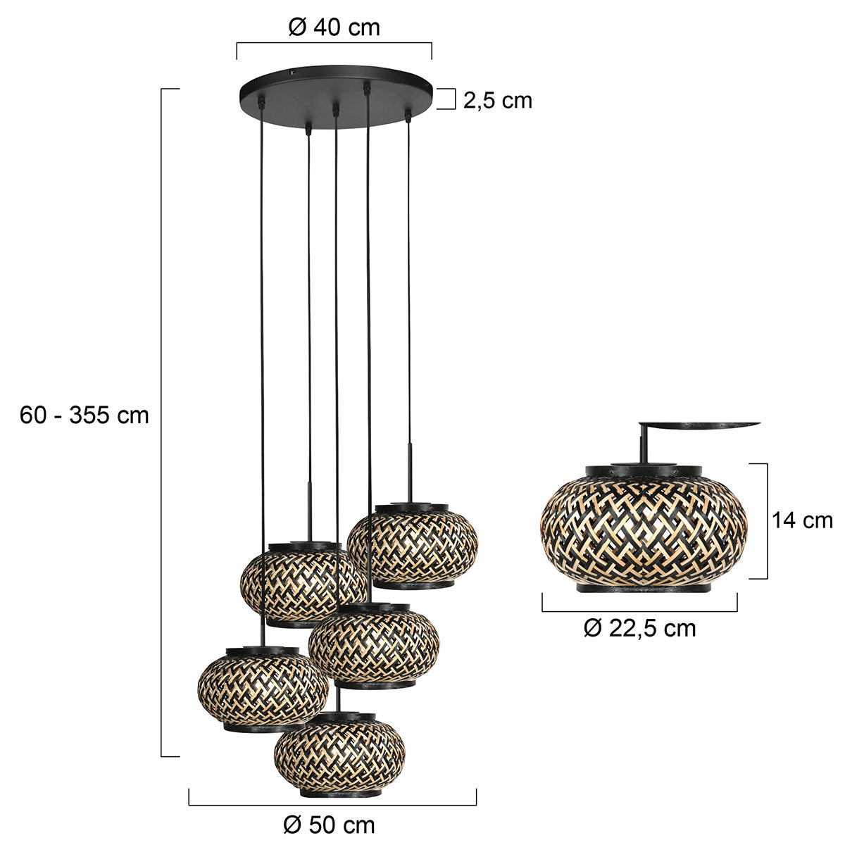 Nox Light 4523ZW – ronde hanglamp met 5 bamboe kapjes