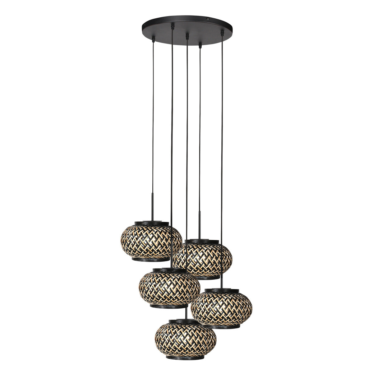 Nox Light 4523ZW – ronde hanglamp met 5 bamboe kapjes