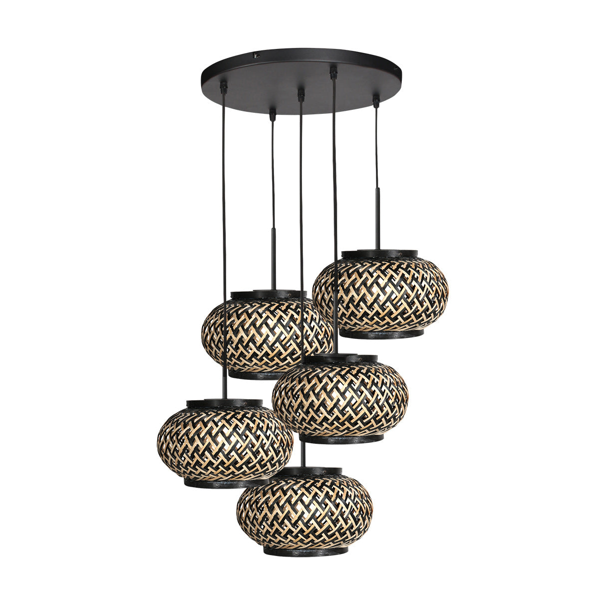 Nox Light 4523ZW – ronde hanglamp met 5 bamboe kapjes
