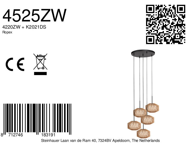 5-lichts hanglamp Ropex 4525ZW - speelse touwlamp voor vide