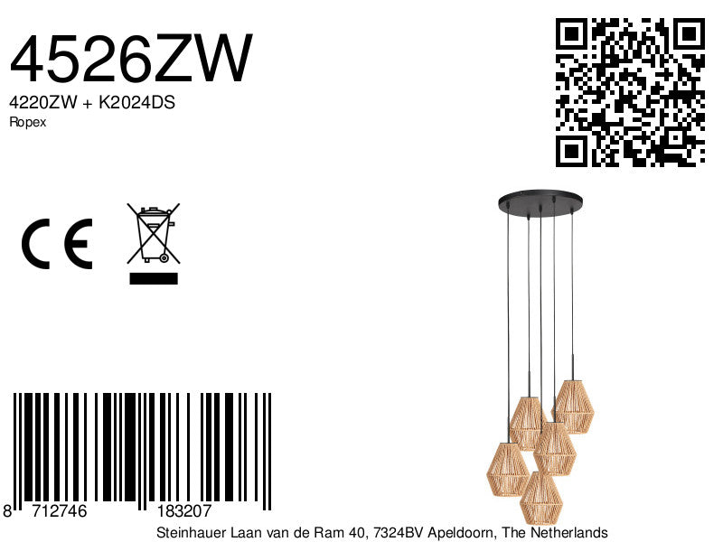 5-lichts hanglamp Ropex 4526ZW – speelse touwlamp voor vide