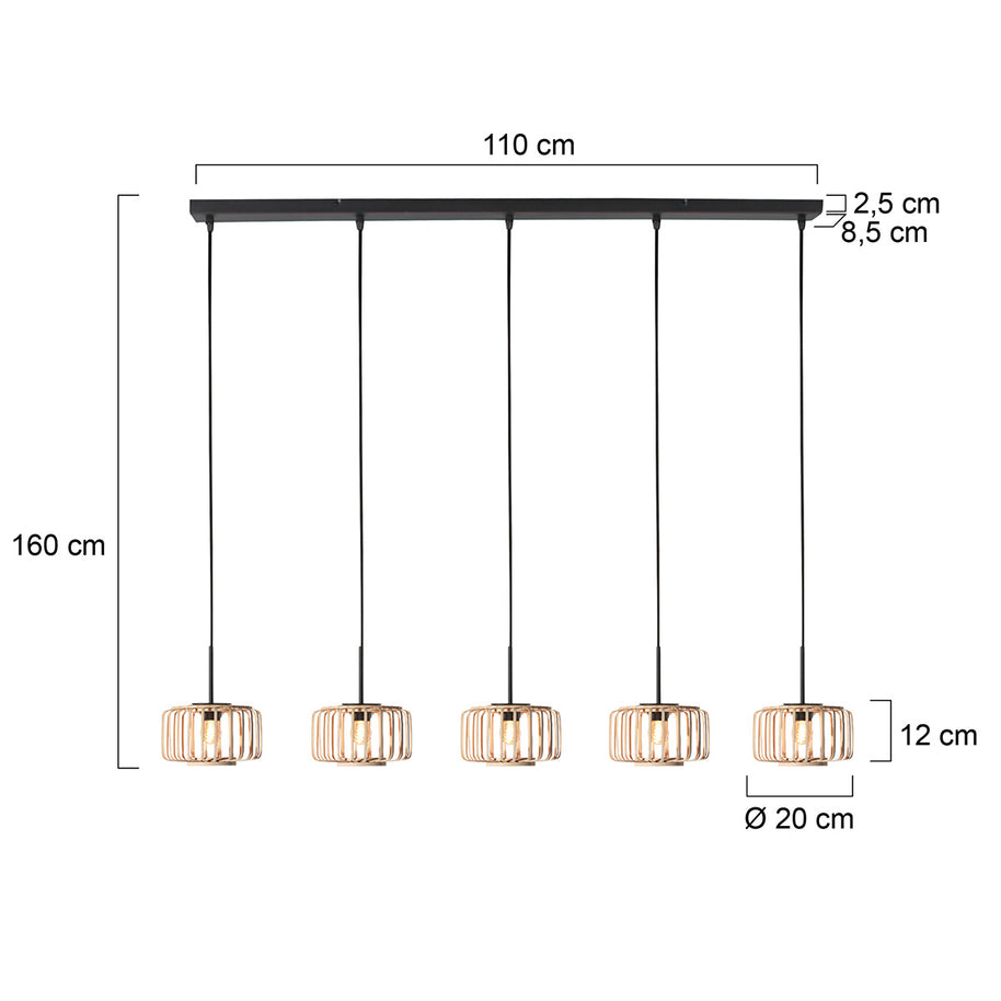5-lichts hanglamp Breeza-Beach 4527ZW zwart bamboe kap Ø20 cm