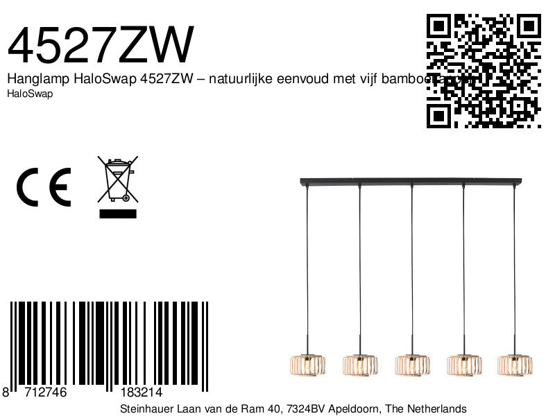 5-lichts hanglamp Breeza-Beach 4527ZW zwart bamboe kap Ø20 cm