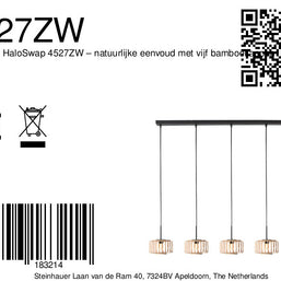 5-lichts hanglamp Breeza-Beach 4527ZW zwart bamboe kap Ø20 cm
