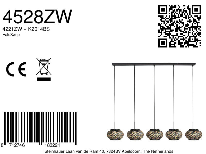 Nox Light 4528ZW – hanglamp met 5 bamboe kapjes