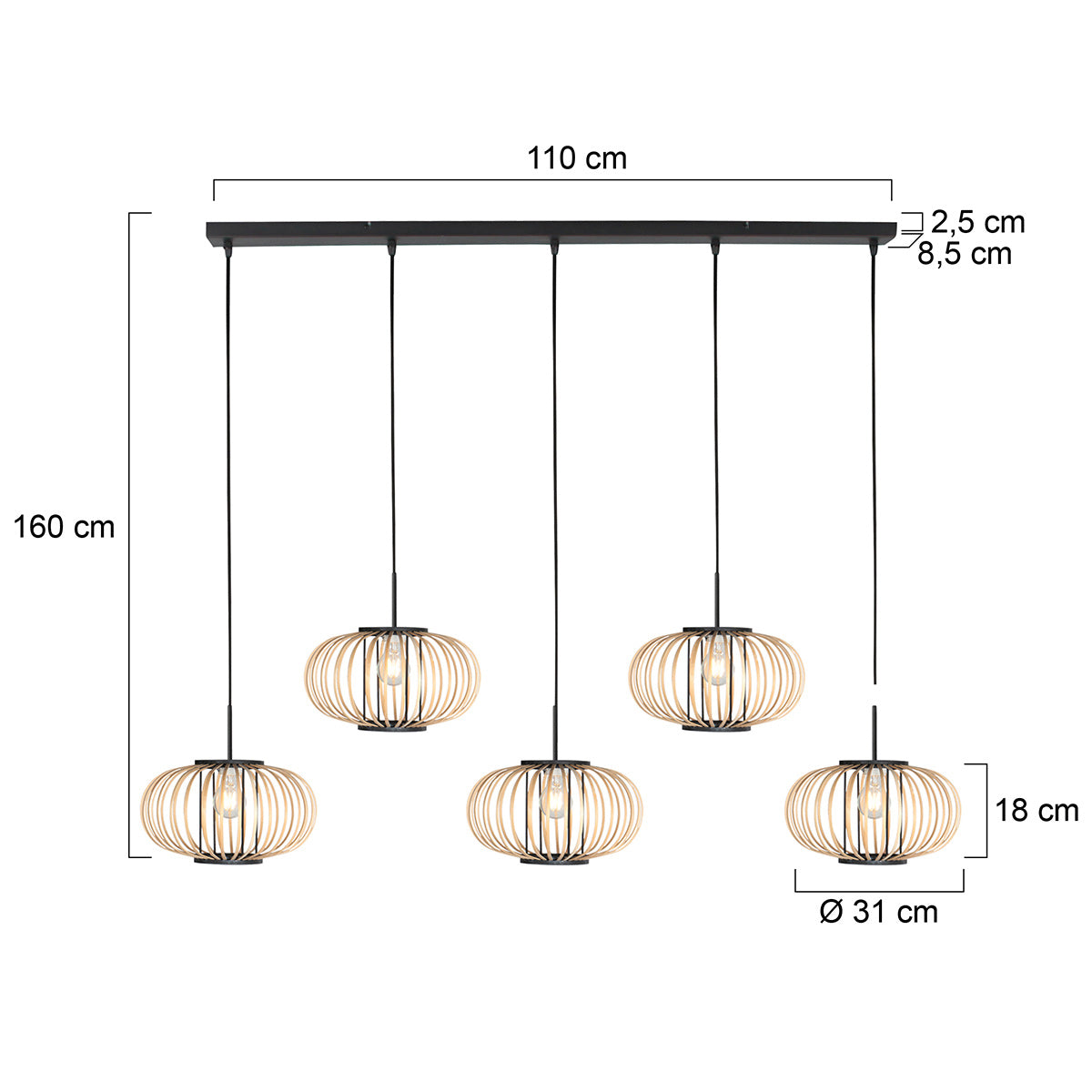 Hanglamp Silva 4529ZW – 5-lichts bamboelamp voor eettafel