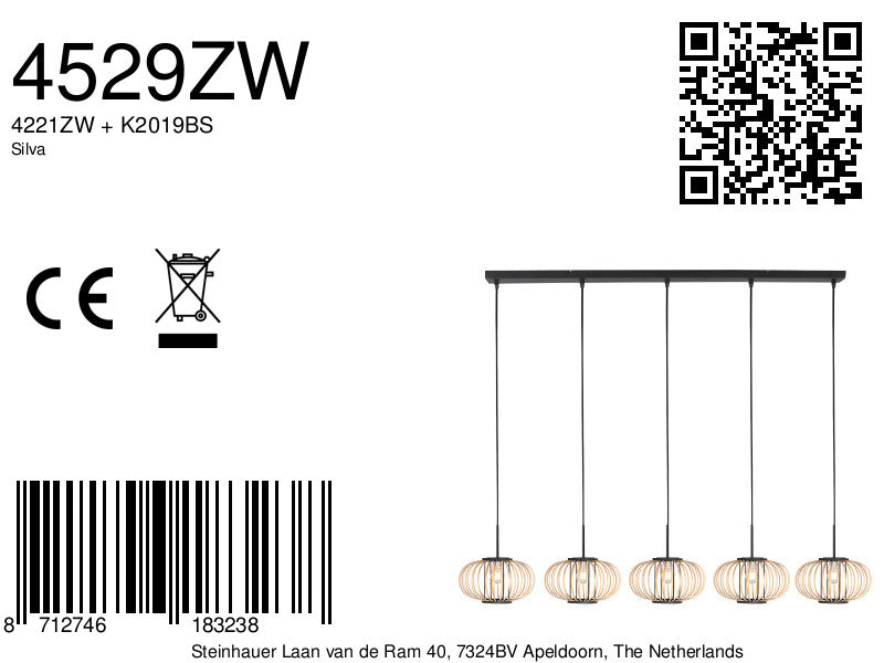 Hanglamp Silva 4529ZW – 5-lichts bamboelamp voor eettafel