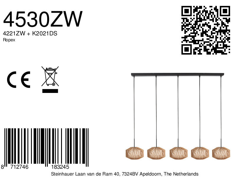 Hanglamp Ropex 4530ZW – 5-lichts touwlamp voor sfeervol licht