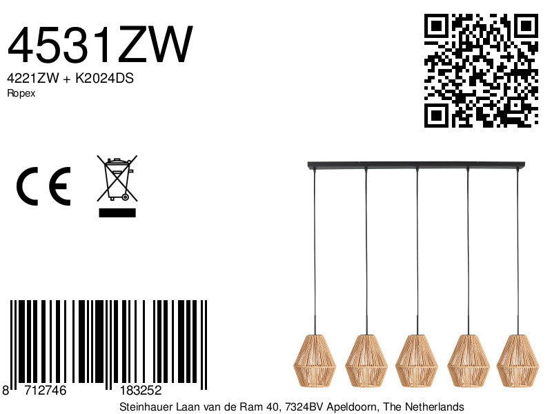 Hanglamp Ropex 4531ZW – 5-lichts touwlamp voor sfeervol wonen
