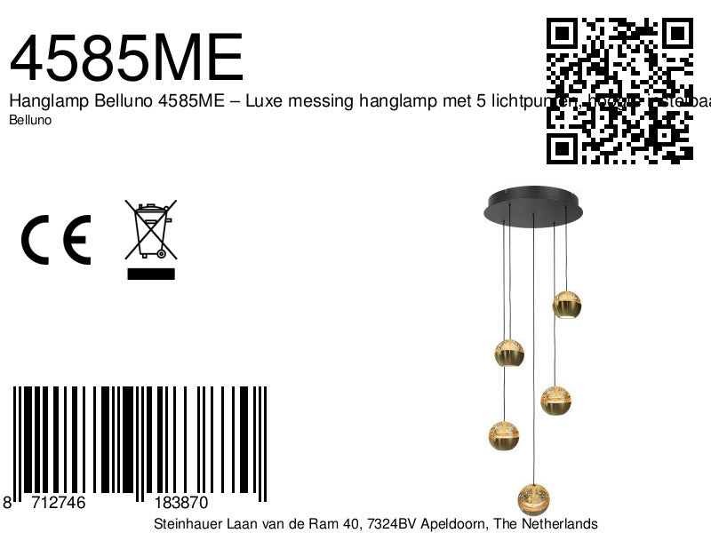 Belluno 4585ME – Luxe hanglamp in messing met 5 lichtpunten