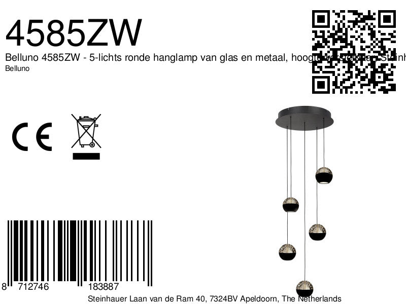 Belluno 4585ZW – 5-lichts ronde hanglamp met kabellift