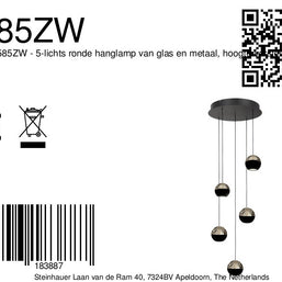 Belluno 4585ZW – 5-lichts ronde hanglamp met kabellift