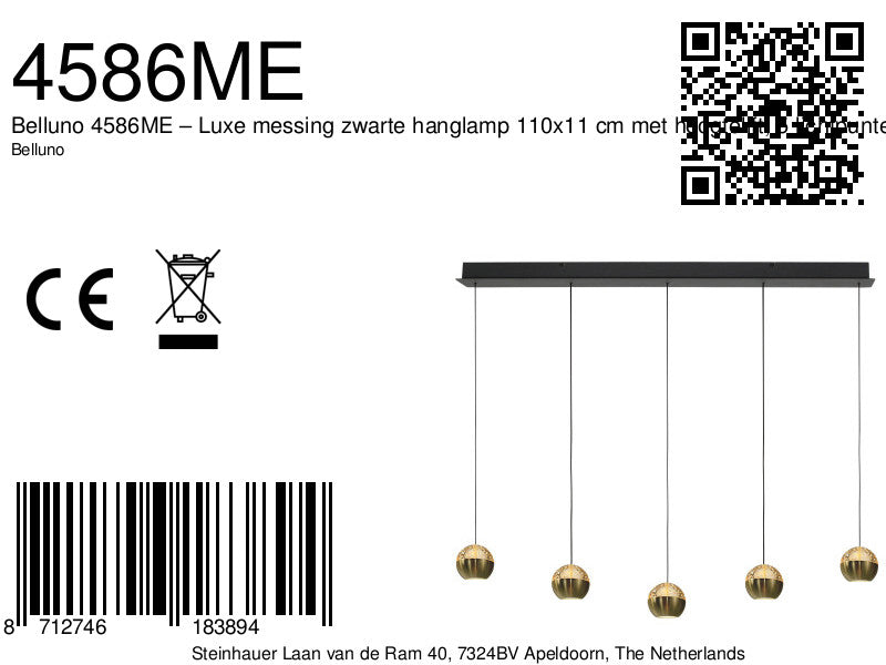 Belluno 4586ME – Luxe messingzwarte hanglamp met liftsysteem