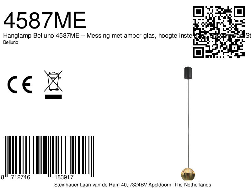 Belluno 4587ME – Messing hanglamp met amber glas