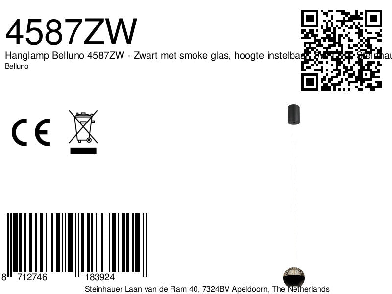 Belluno 4587ZW – 1-lichts hanglamp zwart met kabellift
