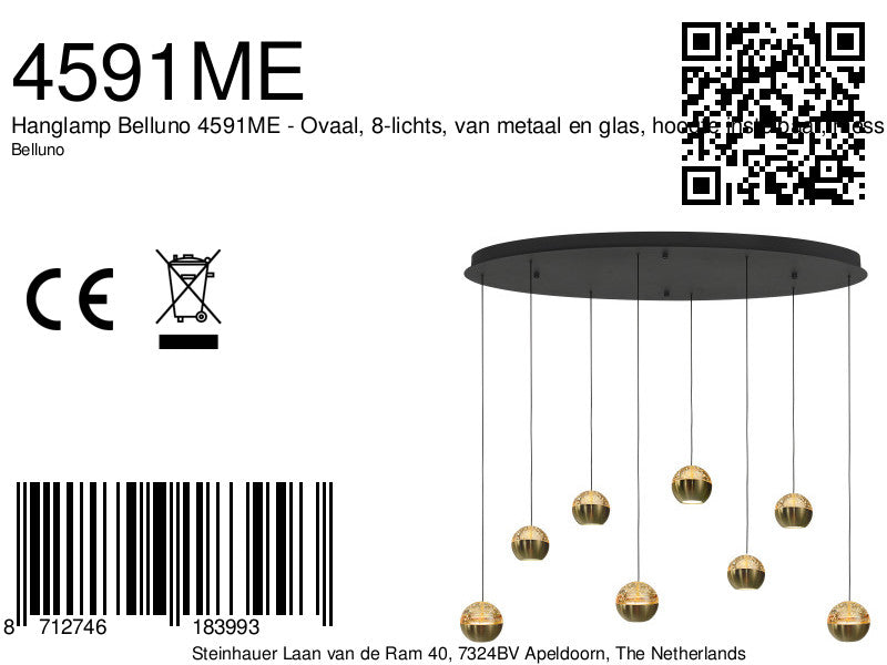 Belluno 4591ME – 8-lichts ovale hanglamp met kabellift