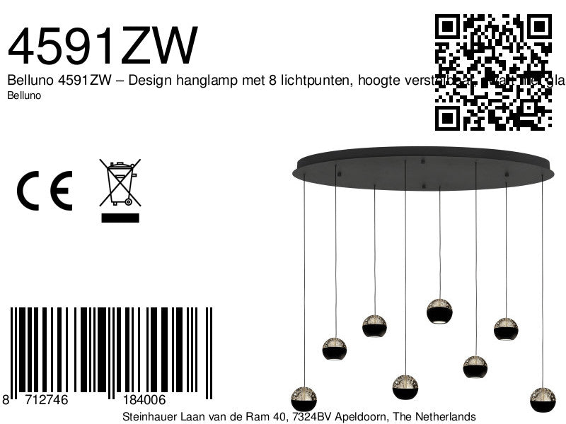 Belluno 4591ZW – 8-lichts hanglamp met kabellift