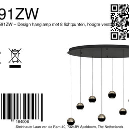 Belluno 4591ZW – 8-lichts hanglamp met kabellift