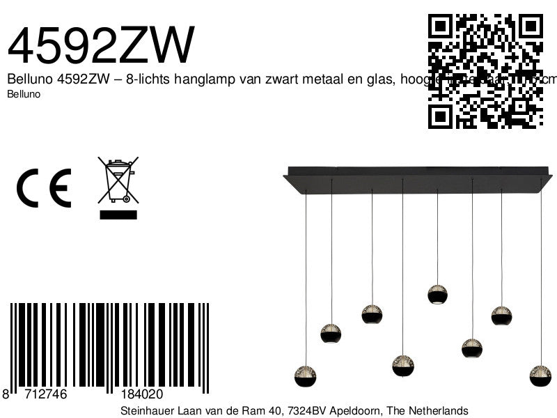 Belluno 4592ZW – 8-lichts hanglamp met kabellift