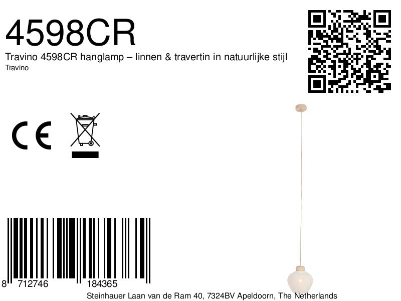 Travino 4598CR hanglamp – linnen en travertin in natuurlijke stijl