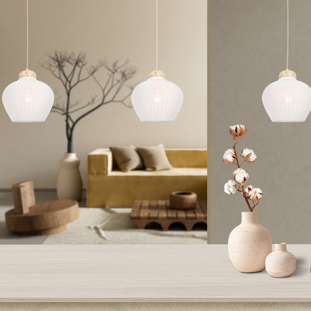 Travino 4599CR hanglamp – linnen & travertin, stijlvol boven de tafel
