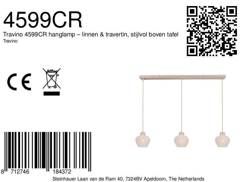 Travino 4599CR hanglamp – linnen & travertin, stijlvol boven de tafel