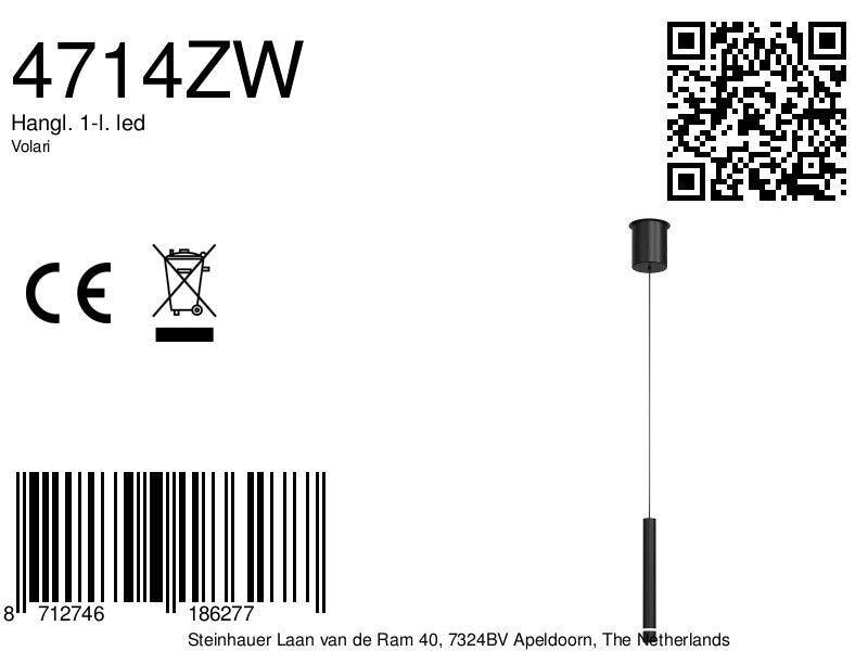 Hanglamp Volari 4714ZW zwarte pendellamp met kabellift
