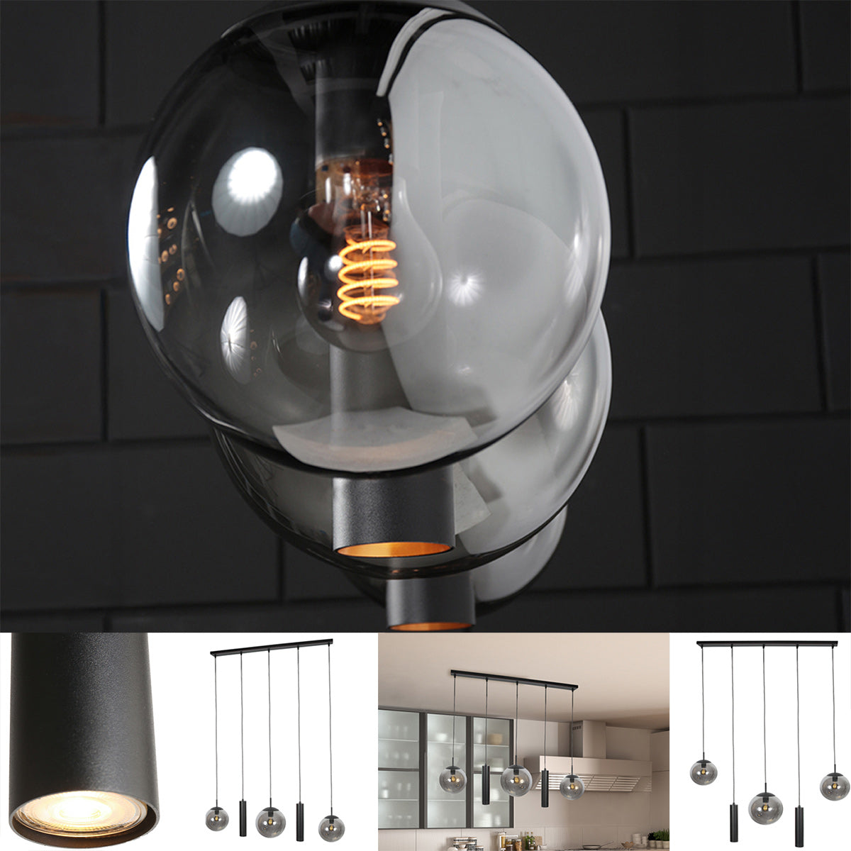Zwarte hanglamp Bollique 4847ZW, 5-lichts voor eettafel
