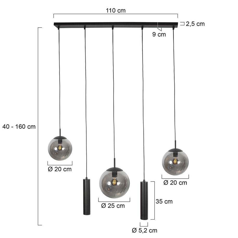 Zwarte hanglamp Bollique 4847ZW, 5-lichts voor eettafel