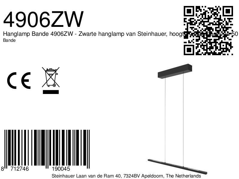 Hanglamp Bande 4906ZW zwarte hanglamp met kabellift 80 cm breed