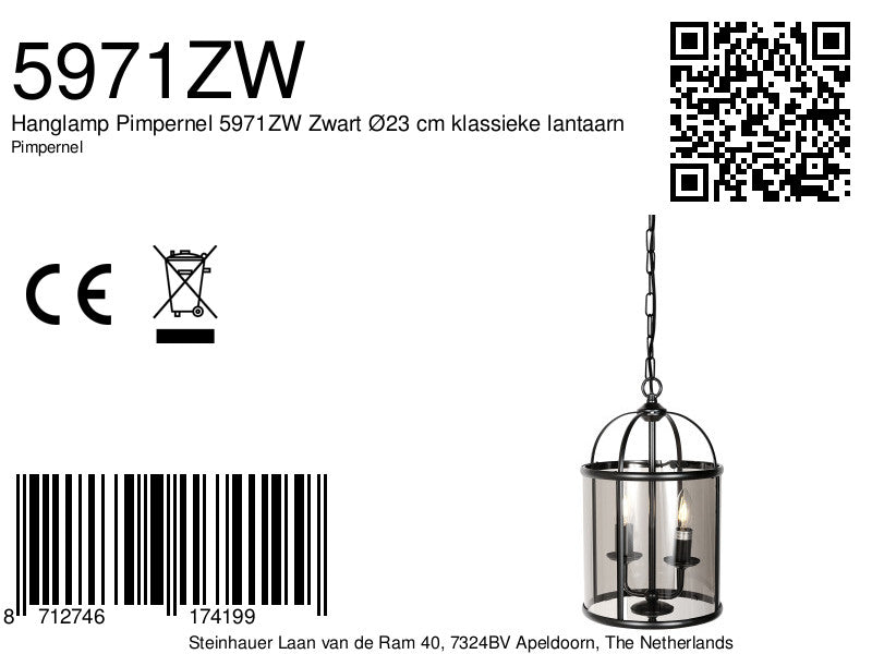Hanglamp Pimpernel 5971ZW zwart met rookglas Ø23 cm
