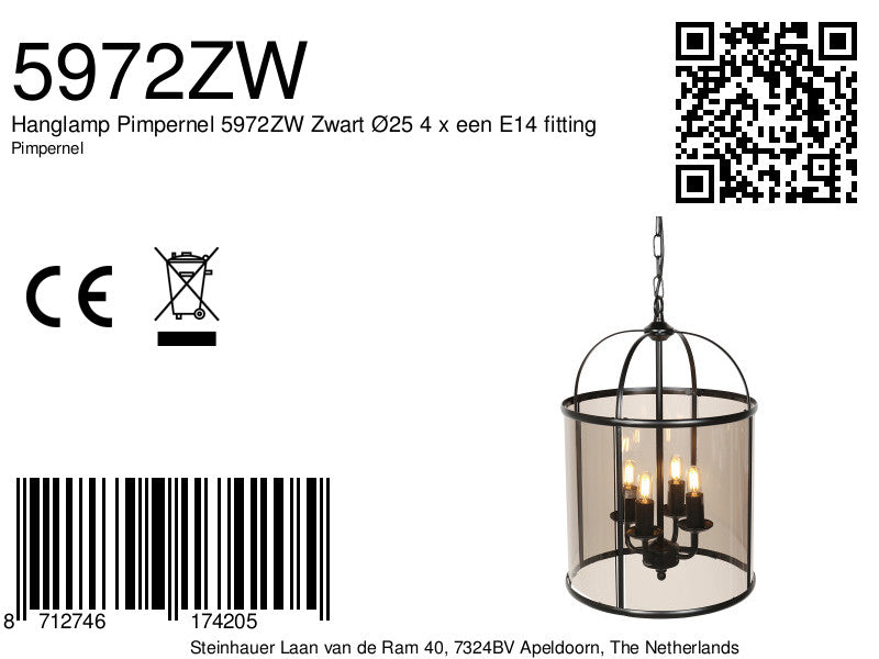 Hanglamp Pimpernel 5972ZW zwart met rookglas Ø25 cm