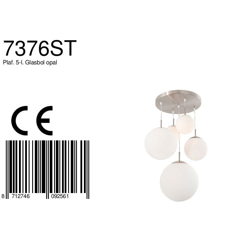 Hanglamp Bollique 7376ST staal 5-lichts met mat-wit glas